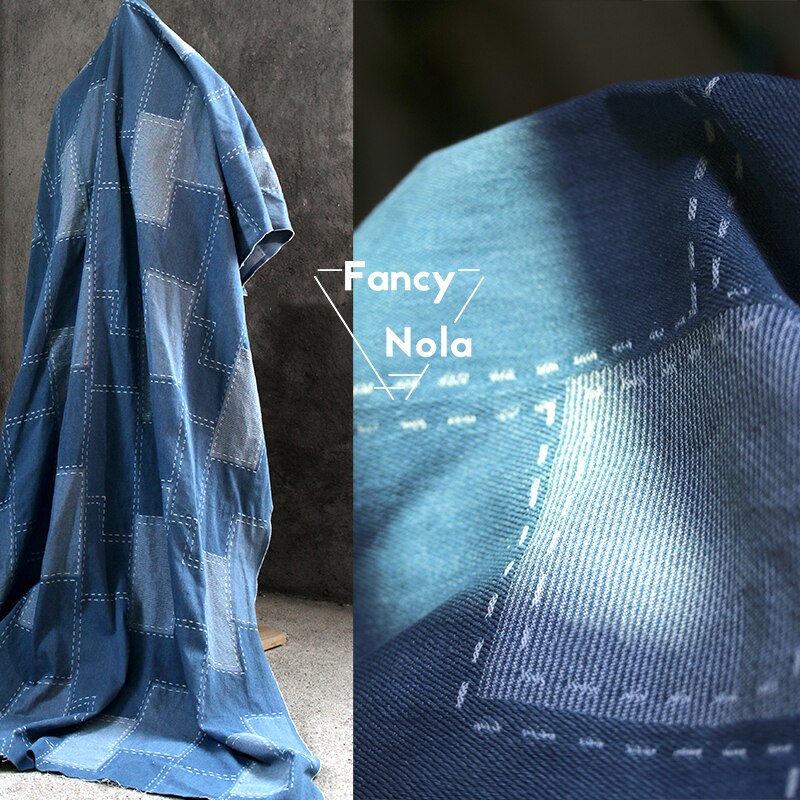 Irregular Rectangle Patchwork 150cm Width Original Washed Denim DIY Coat Jacket Blue & White Fabric CG091