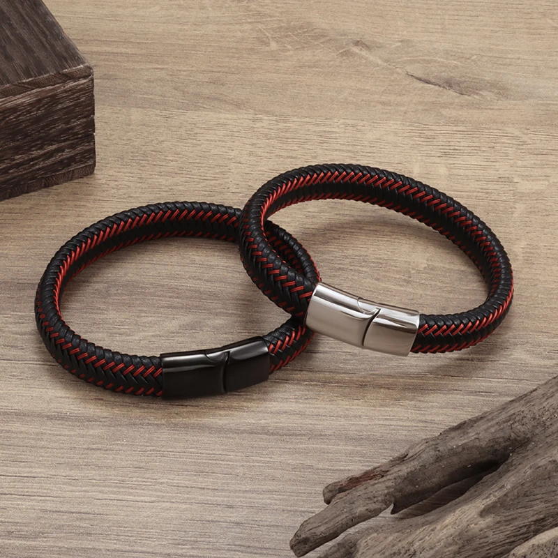 Fashionable and Simple Red Braided Leather Rope Bracelet Black Magnetic Buckle Bracelet for Men