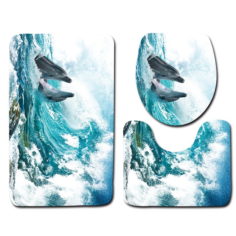 Zeegle 3D poisson imprimé salle de bain tapis 3 pièces anti-dérapant tapis dans les toilettes lavable piédestal tapis couvercle toilette couverture tapis de bain: Fish 07