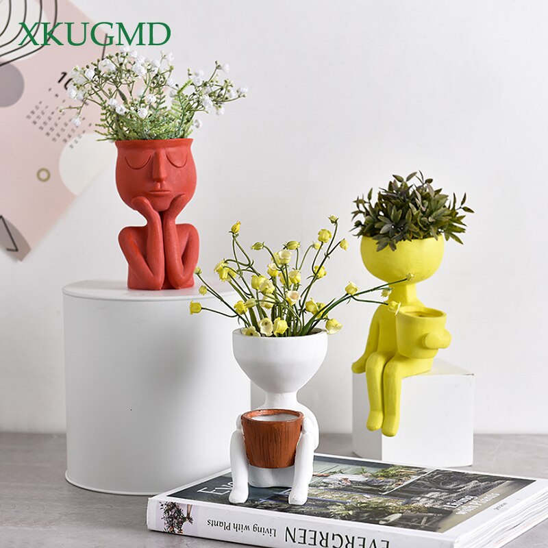 Humanoid Ceramic Flower Pot Character Sitting Posture Sculpture Vase Desktop Flower Arrangement Container Couple Ornaments