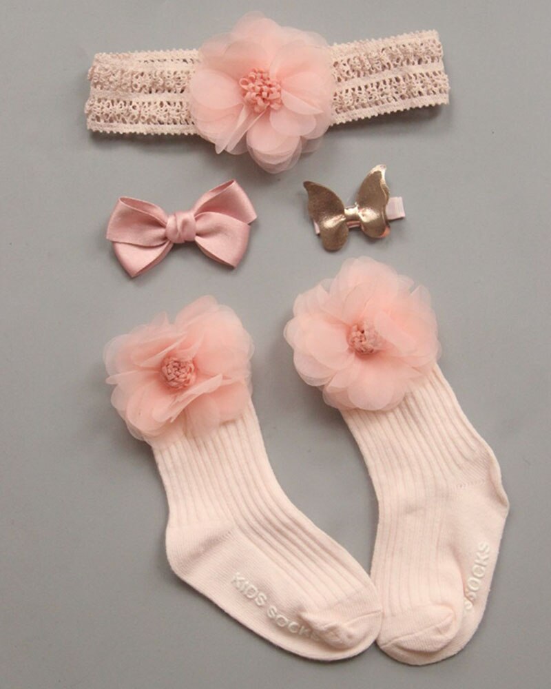 Neugeborenen-mädchen-socken + haarband-einstellen, prinzessinnen-krippensocken mit spitze und blumenmuster, baumwollsocken, haarspangen, prinzessin für kleinkinder, 0-2t stück