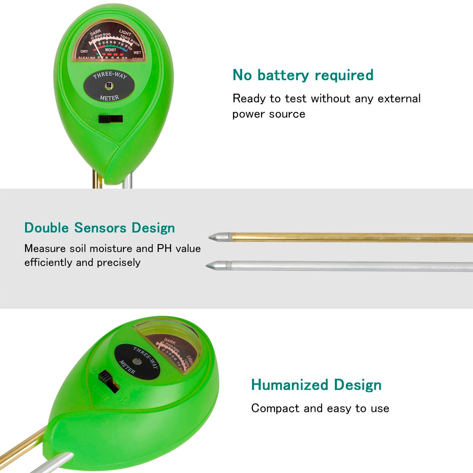 3 In1 Ph Tester Water Moisture Light Test Acidity Humidity Sunlight Meter For Garden Plant Flower Moist Testers Instrument Tool