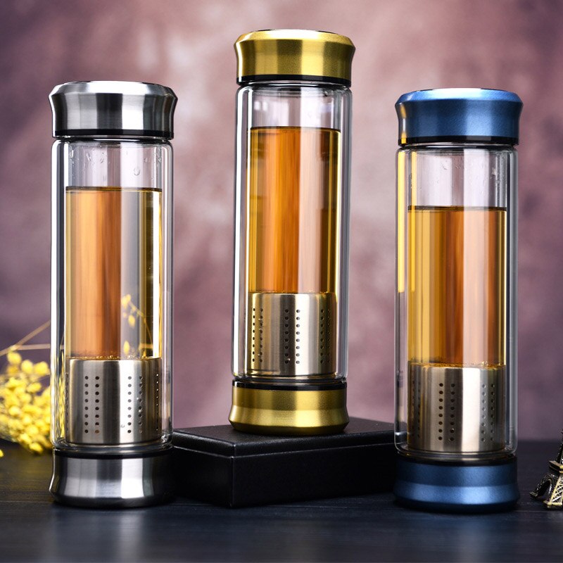 Bouteille d'eau en verre de 400ML | Bouteille avec filtre à infuseur de thé, Double mur verre de thé, tasse de jus de café coupe d'affaires, gobelet en eau de Sport