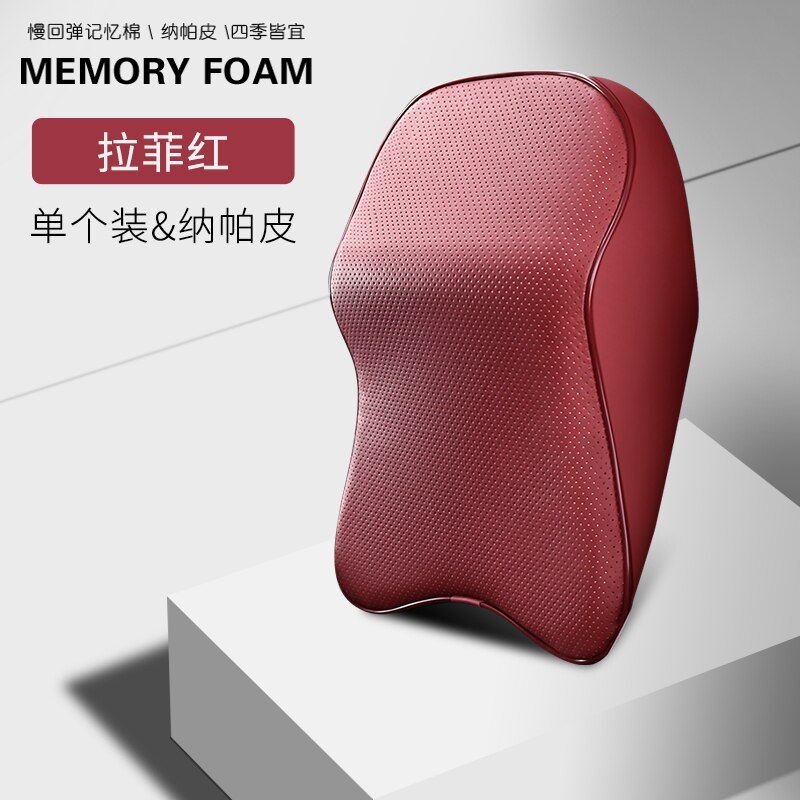Napa couro pescoço do carro travesseiro espuma de memória auto banco traseiro volta encosto de cabeça lombar suporta viagem capa almofada acessórios do automóvel: WINE RED PILLOW