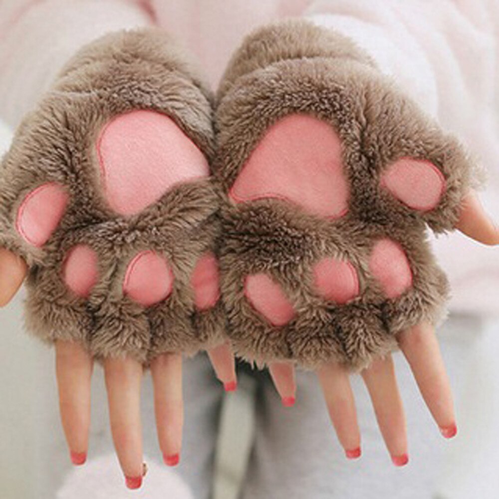 Gants demi-doigt épais en velours pour femmes, garde la chaleur, mitaines en peluche avec patte de chat épaisse, doux: Kaki
