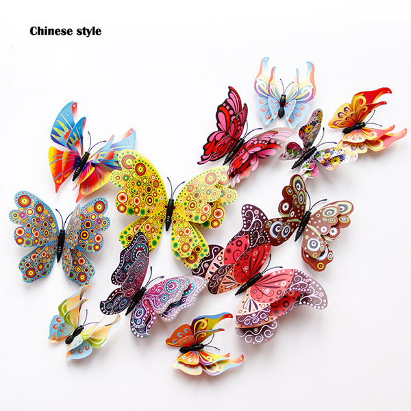 12Pcs Dubbele Laag 3D Vlinder Muur Sticker Op De Muur Home Decor Vlinders Voor Decoratie Magneet Koelkast Stickers: Chinese style