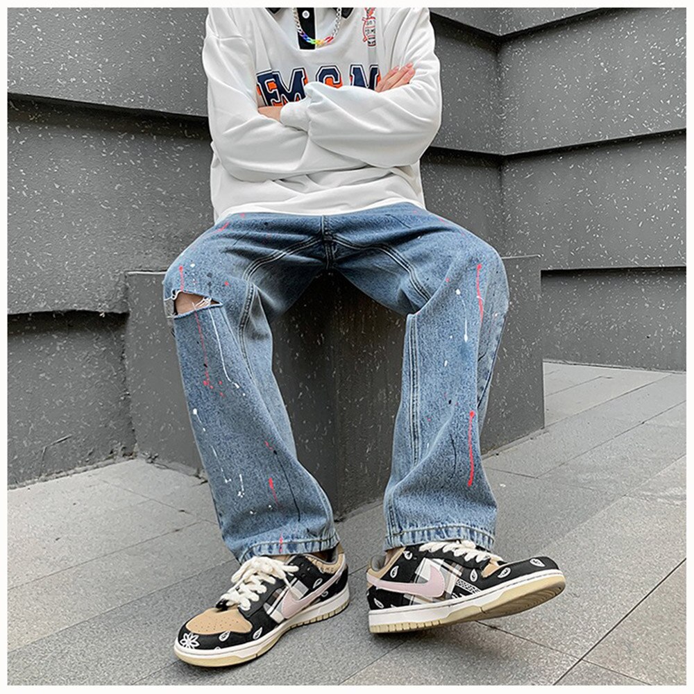 Ripped Jeans Hole Japanese Style Hip Hop High Street Straight Pants Casual Loose Long Trouser Men Chic Clothing