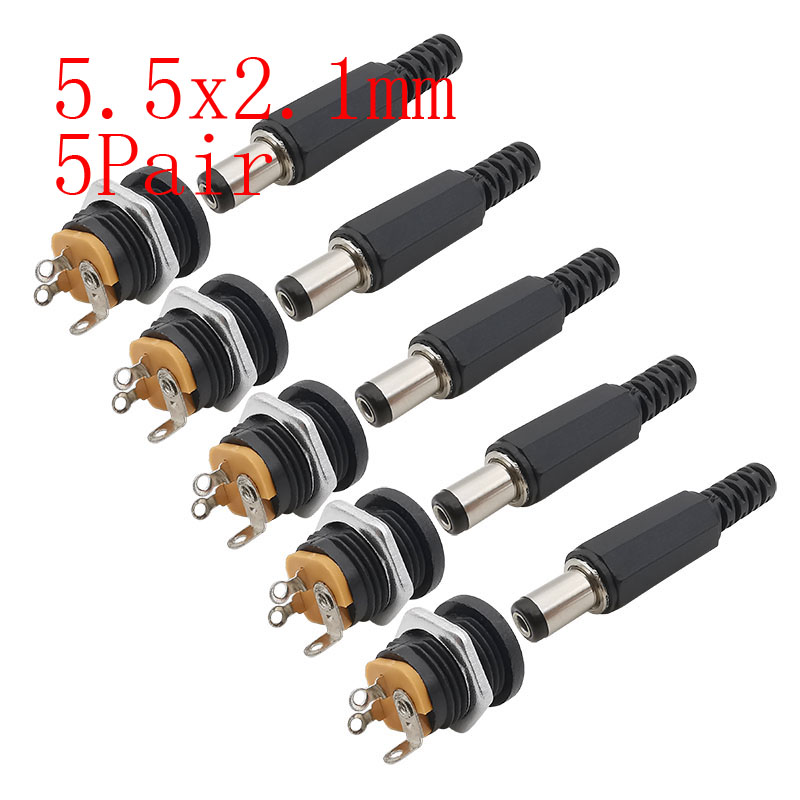 10Pcs 5.5x2.1mm DC Power Male Female Adapter DC-022 DC-025M DC-005 DC-022B 5.5*2.1mm DC Power Supply Plug Jack Socket Connector: Gold
