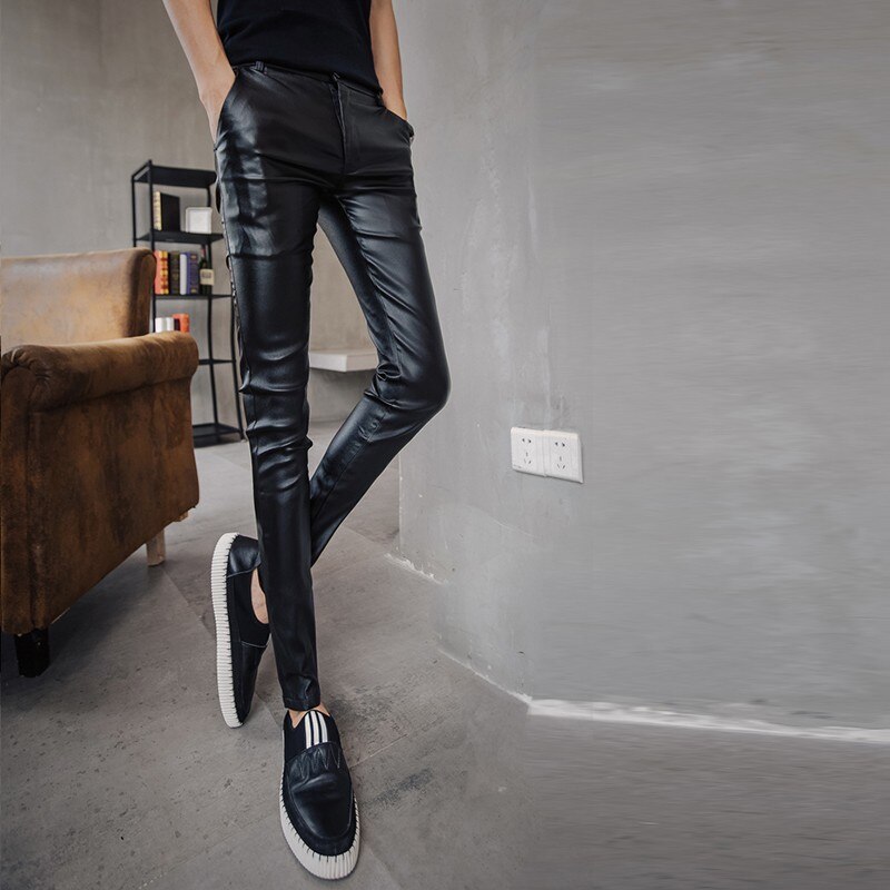 Pantalones de cuero pitillo góticos para hombre, pantalones pitillo elásticos ajustados con efecto Push Up, ropa de calle Punk, pantalones negros de