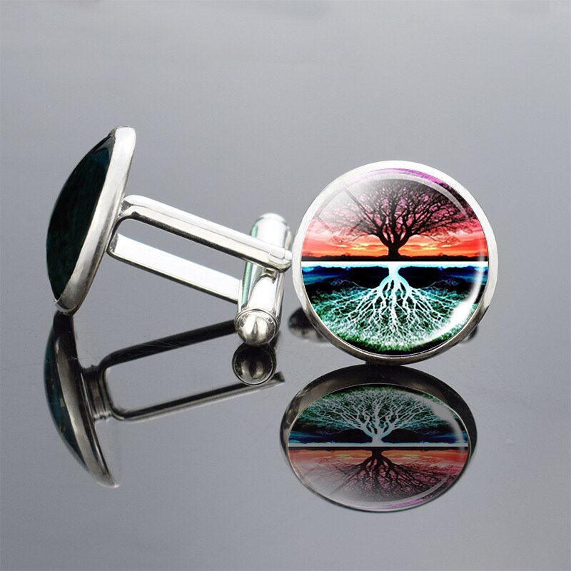 Sølv livets tre kunst trykk mansjettknapper menn mansjettknapper glass cabochon mansjettknapper yinyang tre mansjettknapper bryllupsnåler smykker: 1