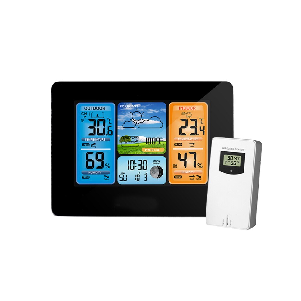 Wireless Weather Clock Indoor Outdoor Thermometer Hygrometer Digital Weather Forecast Barometer Calendar Alarm Clock without Bat: Black