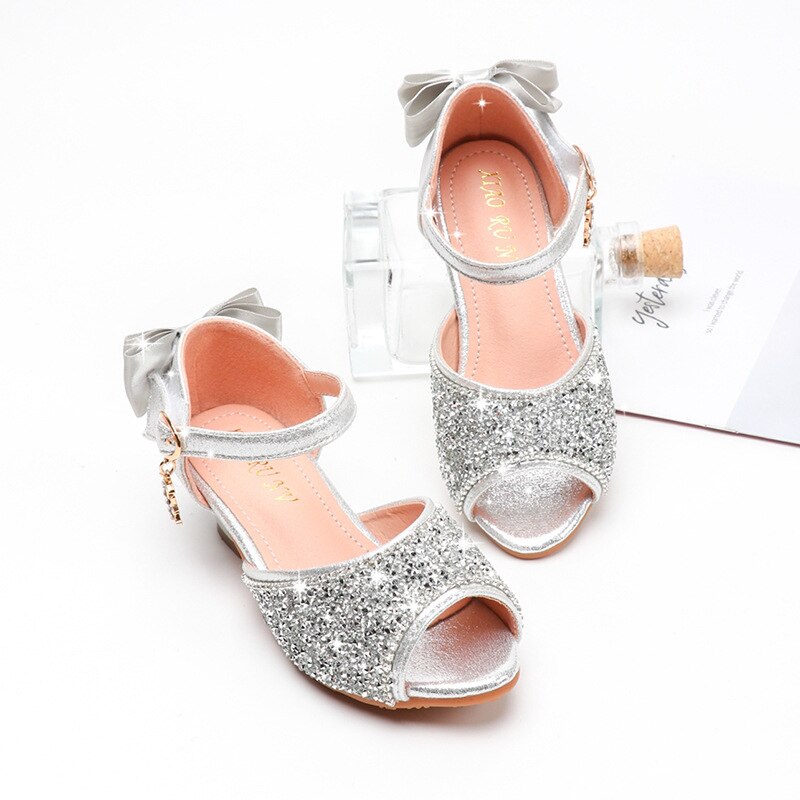 Sandales à talons hauts pour filles, chaussures de danse princesse à paillettes, strass et nœuds de Performance pour écoliers,: silver / 32 (insole 19.5cm)