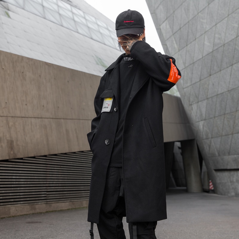 Punk rock Long woolen trench coat men Black Loose Autumn Winter