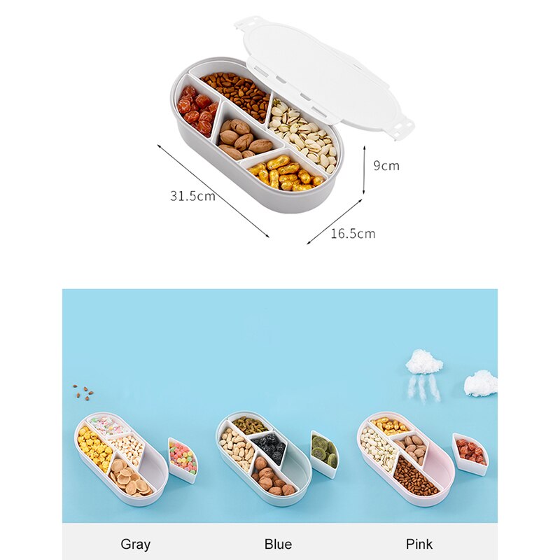 Fruits Nuts Plate with Lid Seal Detachable Multi Sectional Sub Grid Plastic Tray Candy Snack Dish Bowl Dessert Serving Platter-P