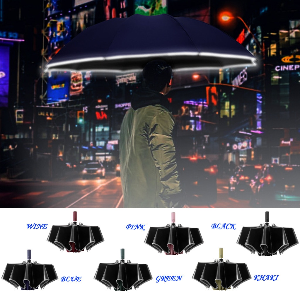 4 # Automatische Paraplu Reverse Vouwen Business Paraplu Met Reflecterende Strips Paraplu Regen Voor Mannen Vrouwen Zwarte Coating Зонт