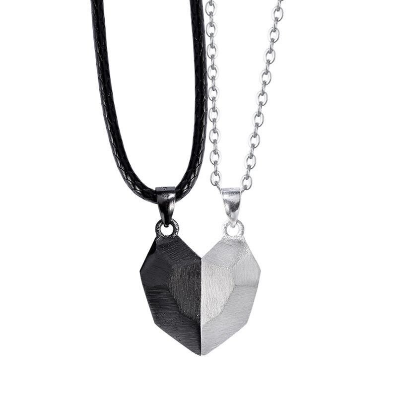 2Pcs Lovers Matching Friendship Heart Pendant Couple Magnetic Distance Faceted Heart Pendant Necklace Couple Jewelry