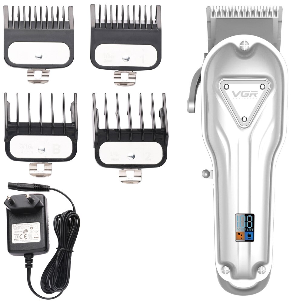 Vgr Zilver Alle-Metalen Kapper Professionele Tondeuse Elektrische Draadloze Lcd Tondeuse Goud Zilver Haar Snijmachine Maaier: Silver / au plug