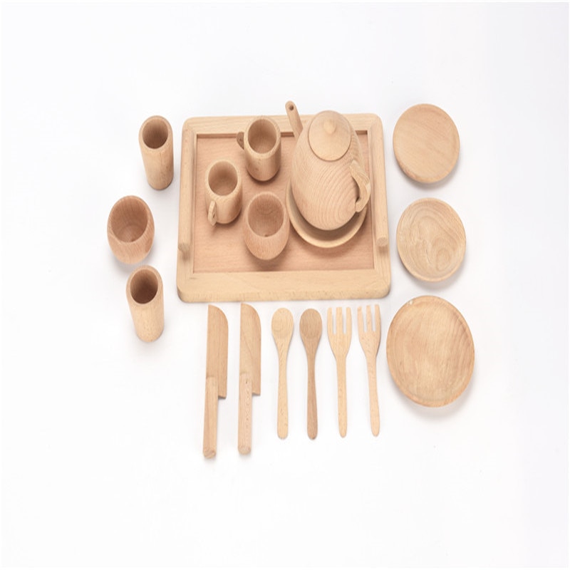 Children's Wooden Toys Girl Play House Interactive Toys Solid Wood Unpainted Simulation Kitchen Cooking Toys Tea Set