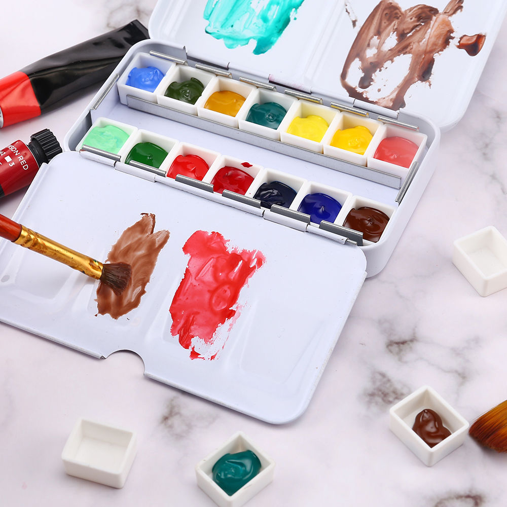 Paleta de acuarela vacía, caja de pintura de paleta de lata de acuarela vacía de Metal con 14 Uds. De medias sartenes para paleta de acuarelas de viaje DIY