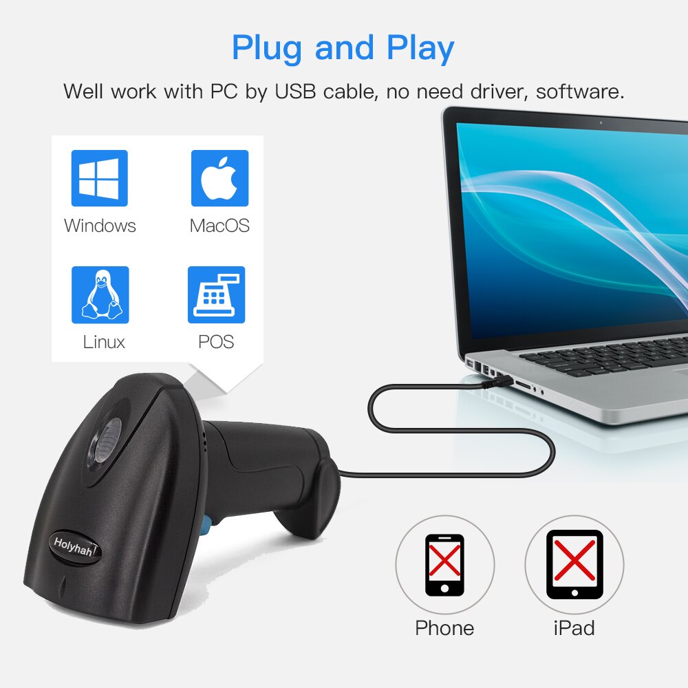 Holyhah 1D&amp;2D Handheld Barcode Bar Code Scanner Reader QR PDF417 Bluetooth 2.4G Wireless &amp;Wired For Mobile Phone Android iOS