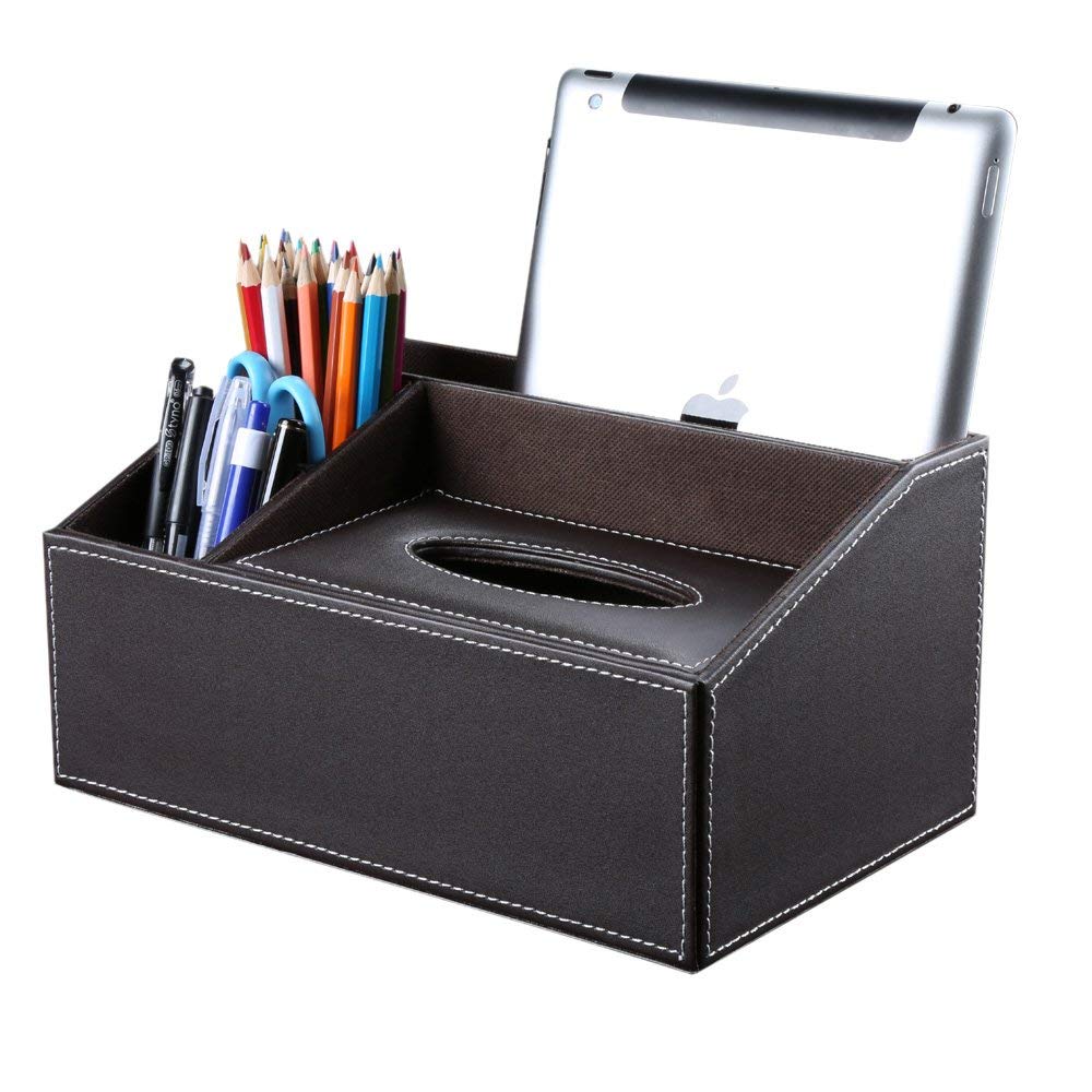 Multifunctional Desk Organizer Pad Notebook File Box Holder-Business Card/Pen/Pencil/Mobile Phone/Stationery Storage Organizer: Brown