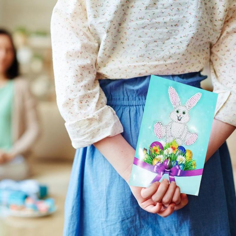 4Pcs 5D DIY Diamond Painting Greeting Cards Wish Easter Party Cards Craft for Kids Decoration