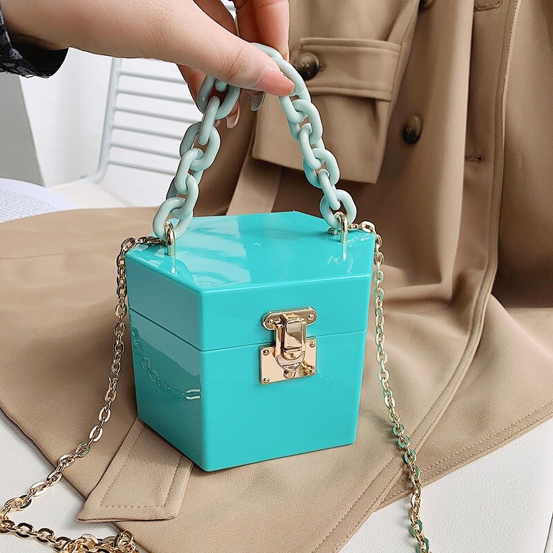 Candy Colors Resin Chain Acrylic Box Clutches Women Brand Shoulder Female Evening Bag Flap Crossbody Bag Handbag Purse