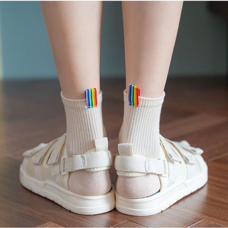 Harajuku damessokken dames calcetines witte regenboog lange sokken streetwear snoep effen kleur damessok kawaii skateboard
