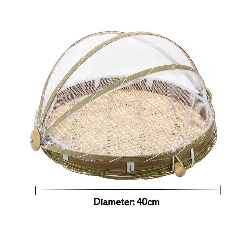 Outdoor Picnic Handmade Bamboo Woven Bug Proof Wicker Basket Dustproof Fruit Tray Food Bread Dishes Cover Gauze Panier Osier: 40cm