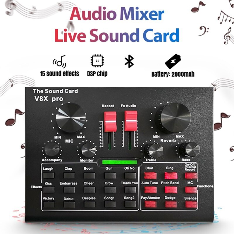 V8x pro live lydkort o mixer bluetooth 15 flere tilstande lydeffekter til computertelefoner, der synger og optager