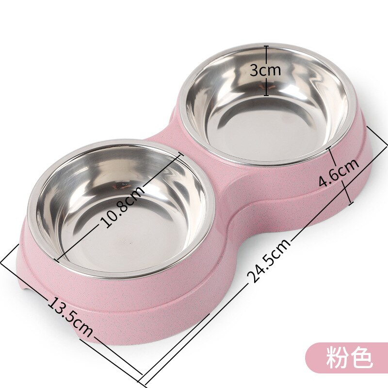 Recipiente de alimentación para mascotas de acero inoxidable, cuenco de agua para comida de dos mascotas, cuenco antideslizante para perros y gatos, plato para comer, comedero para mascotas, accesorios para perros: Rosa