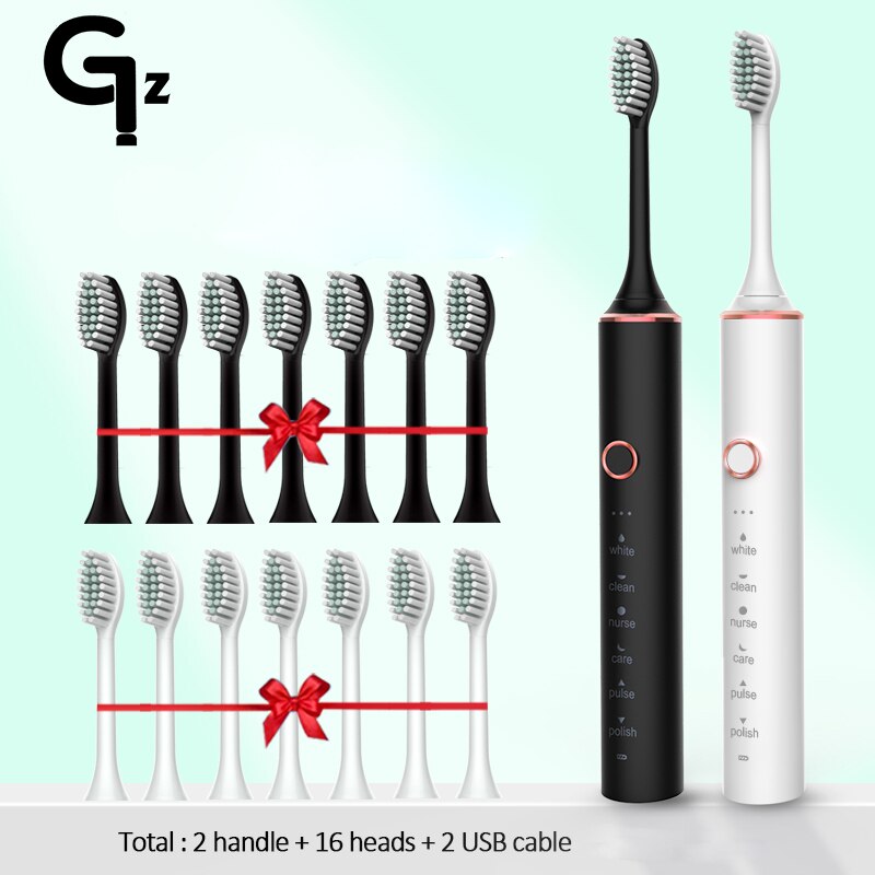GeZhou-cepillo de dientes eléctrico sónico para niños, dispositivo de limpieza recargable IPX7, resistente al agua, 18 modos de viaje, 16 cabezales: N100white black