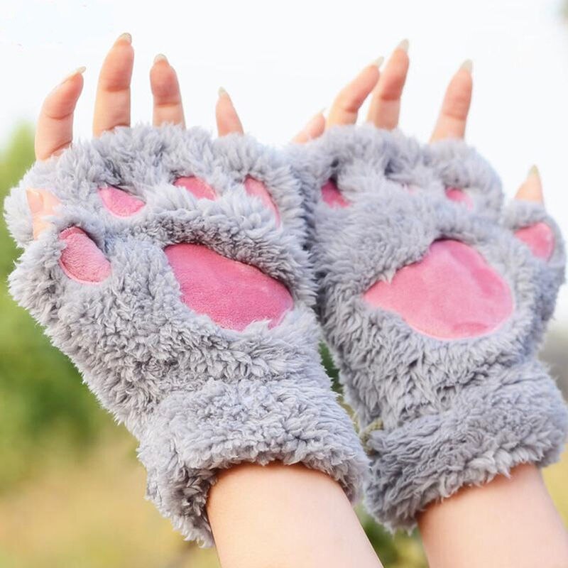 Guante de felpa de garra zarpa de gato para mujer, cálido, para invierno, guantes de medio dedo, guantes de mujer: Gris