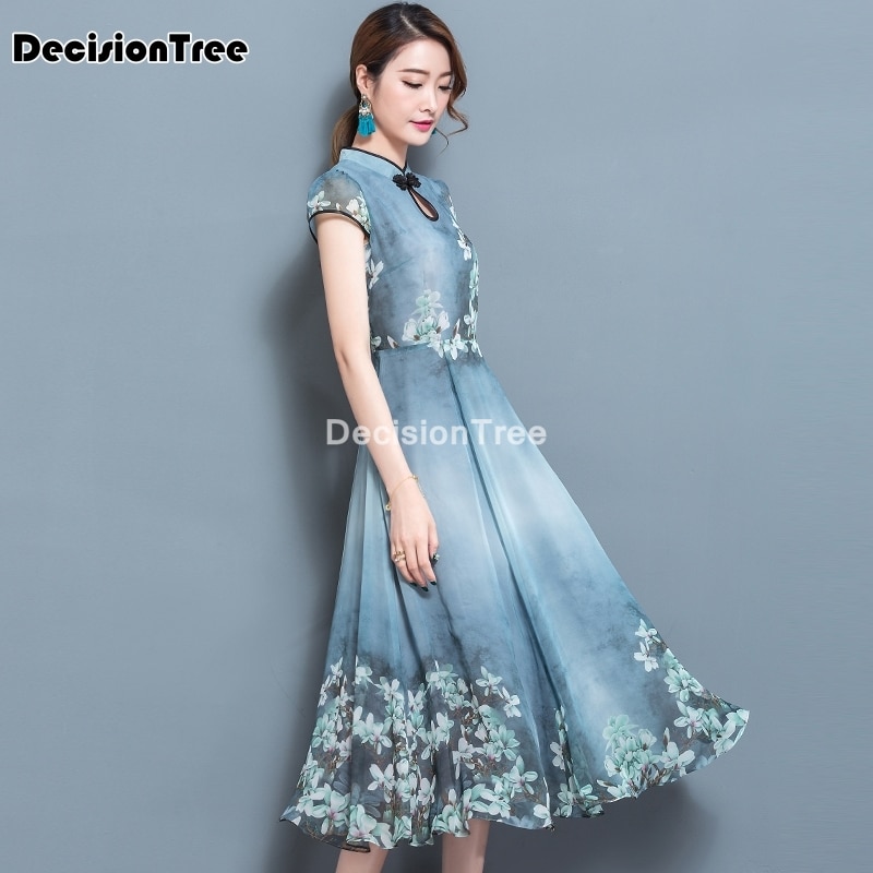 vestido qipao vestido chino cheongsam chiffon Vintage bordado flor mujeres Qipao Vestidos cheongsam moderno