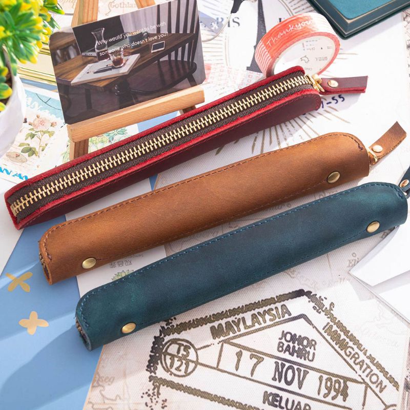 Handgemaakte leren etui vintage retro rits vulpen kwasten etui school kantoorbenodigdheden