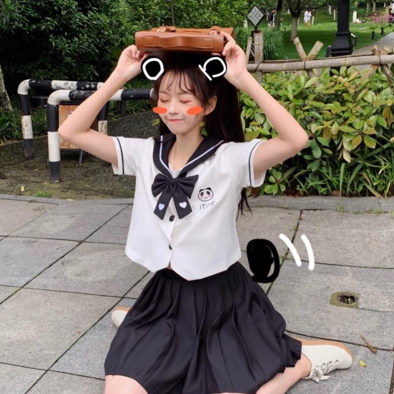 Japanese JK Uniforms College Cute Panda Embroidery Short-Sleeved Tops Pleated Skirt Suit Female Summer school girl uniform