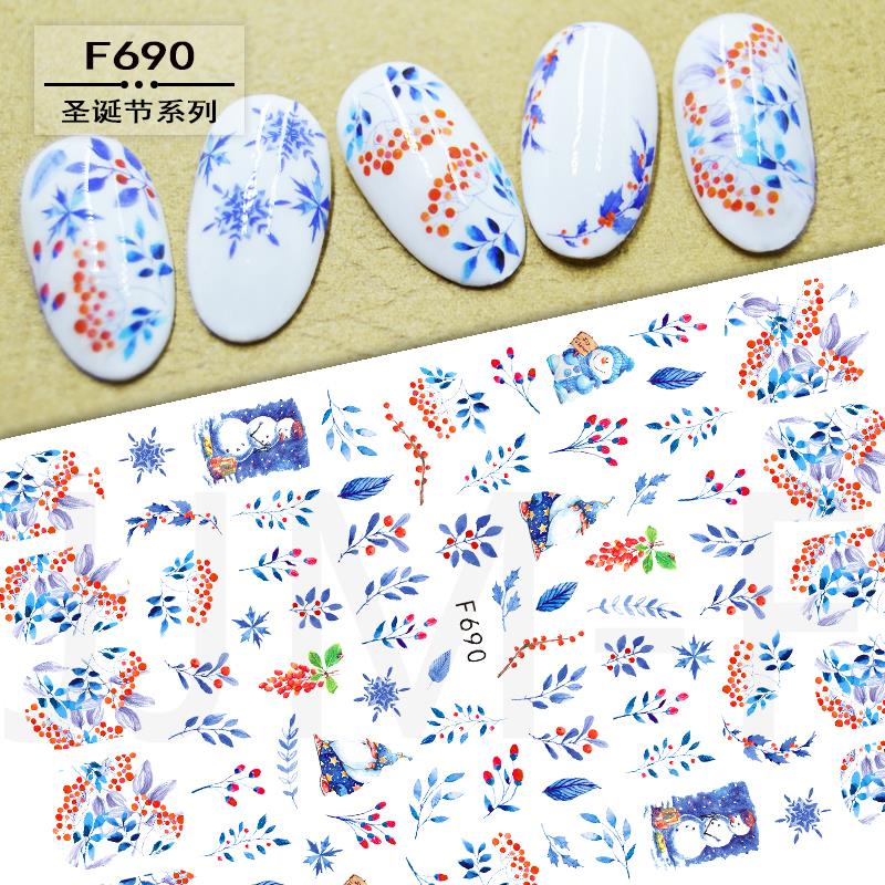 1Pc Kerst Terug Lijm Nail Art Stickers Nagels Decoraties Kerst Sneeuwman Met Sjaal Kersen Bloemen Bladeren F690