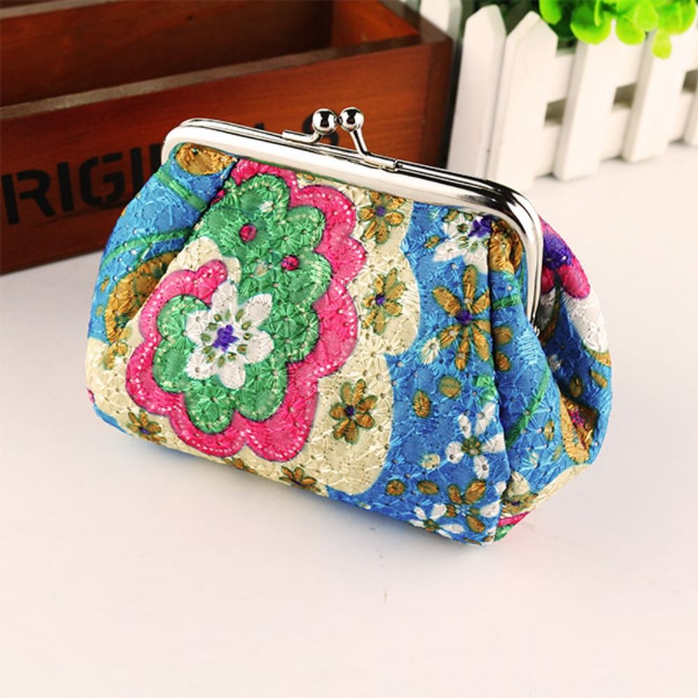 Floral Pattern Coin Purse Portable Metal Hasp Headset Storage Bag Phone Bag Polyester Clutch Wallet Woman: Blue