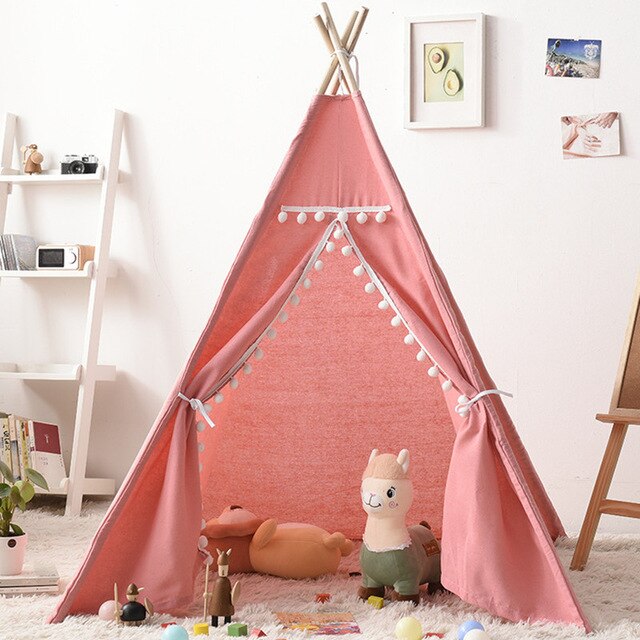 Portable Children Tents Tipi Play House Kids Cotton Canvas Indian Play Tent Wigwam Child Little Beach Teepee Room Decoration: Red