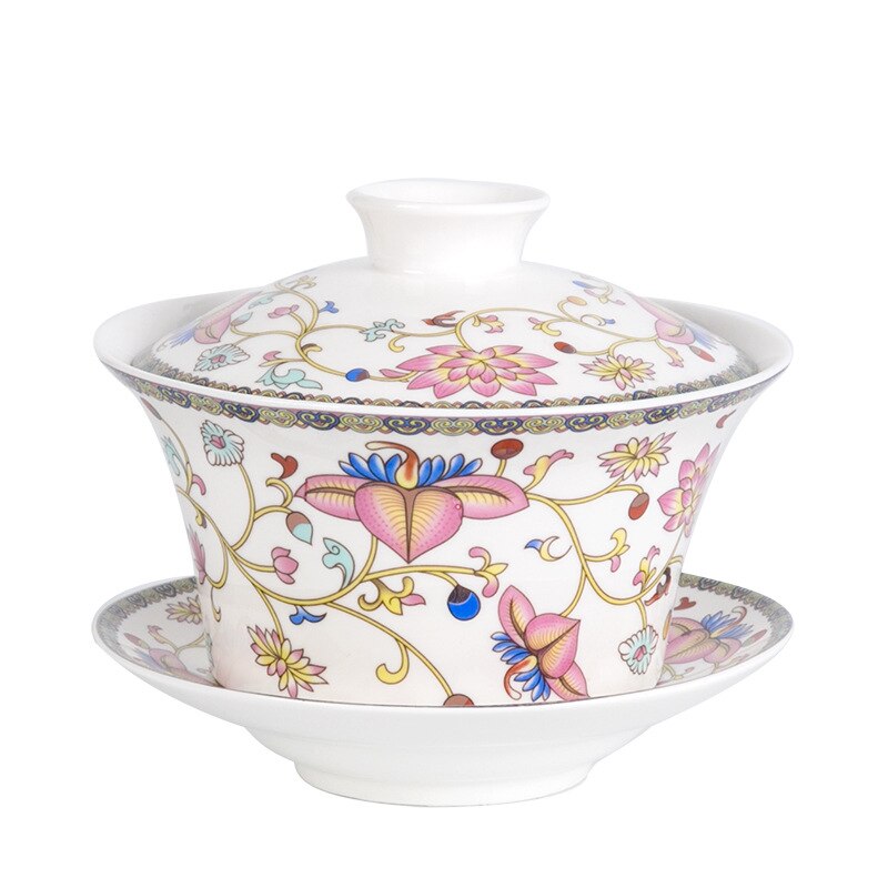 350ml Extra Big Sancai GaiWan Chinese Old Beijing Tea Bowl Jingdezhen Blue and White Porcelain Tea Cup and Saucer Set: Vine Dance
