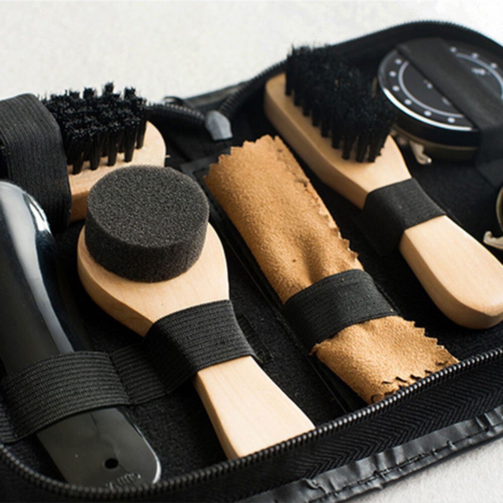 8pcs Shoe Shine Polish Cleaning Care Brushes Cloth Kit Travel With Case Shoe Shine Care Kit Shoe Care Kit