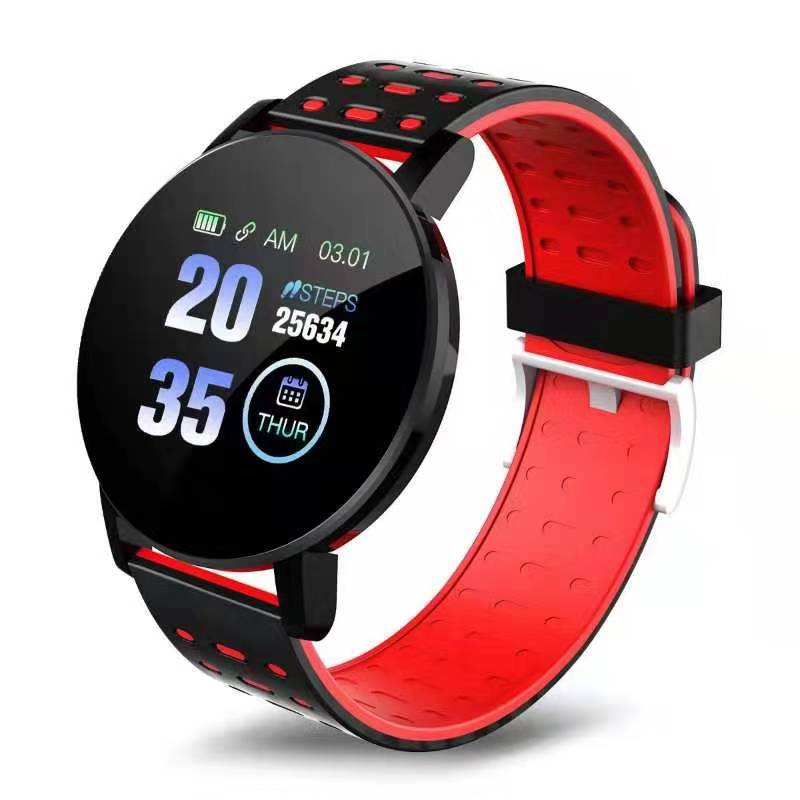 119 mais pulseira de freqüência cardíaca relógio inteligente homem pulseira esportes banda inteligente à prova dwaterproof água smartwatch android com despertador: Vermelho
