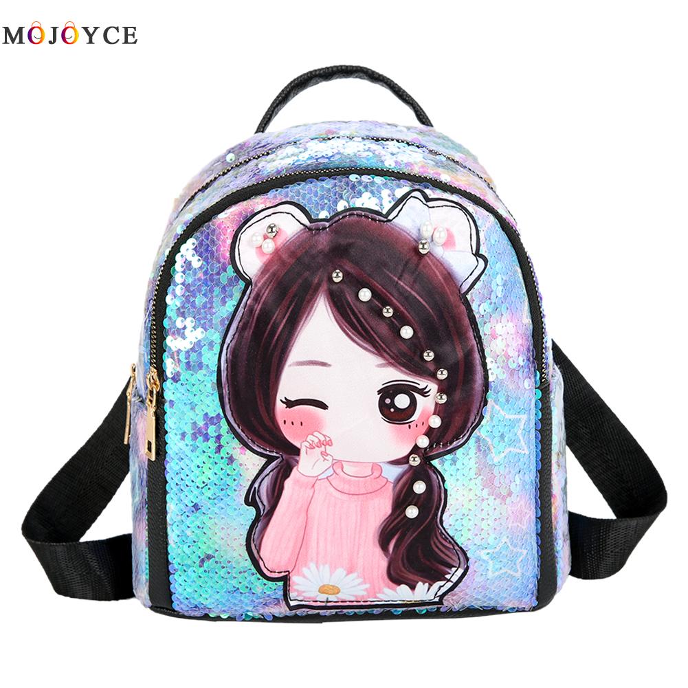 SchöNe Pailletten Frauen Mädchen Rucksack Karikatur Puppe Licht Schulter Schule Taschen: Himmel Blau