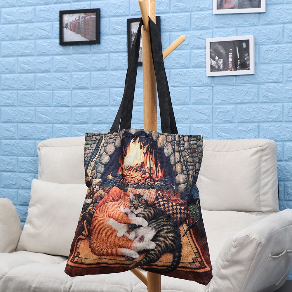 Women Printed Shopping Bag Casual Single Shoulder Bag Waterproof Cartoon Large Linen Cat Oil Shopper Tote Handbag