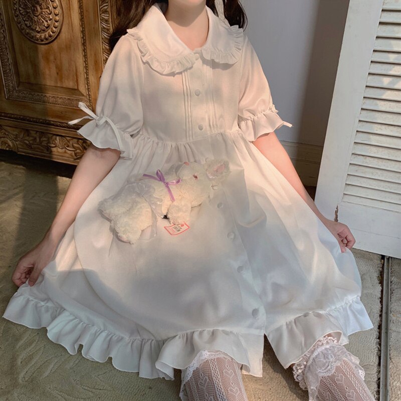 Blanco Lolita de diario vestido para adolescentes Retro Vintage gótico victoriano estilo japonés, estudiante de la escuela volantes chica dulce princesa