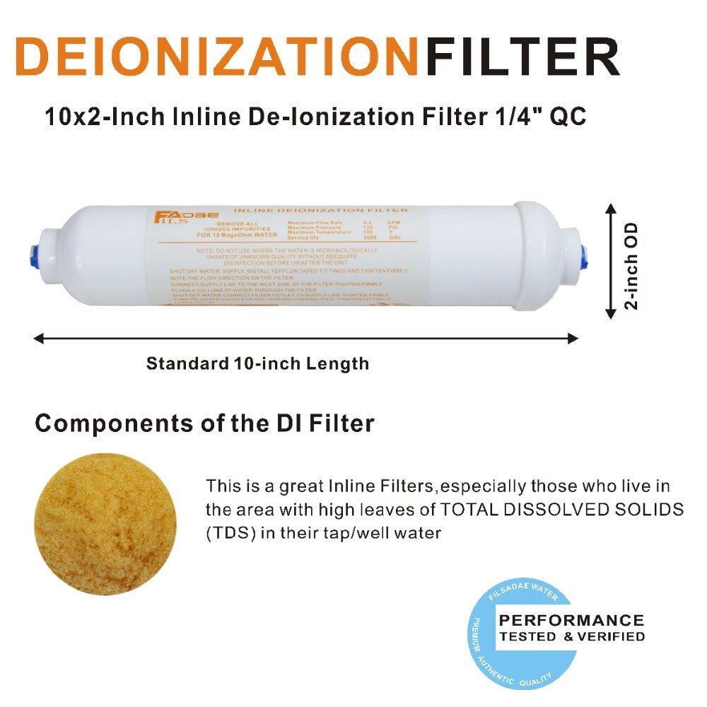 Reverse Osmosis System RO Replacement 2&quot; x 10-Inch Inline DI Water Filter Deionization mixed bed resin cartridge - 3 Pack