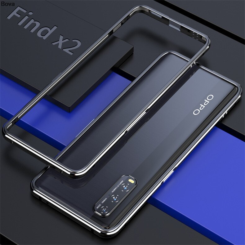 Luxury Ultra Thin aluminum Bumper Case for OPPO Find X2 Case 6.7-inches+ 2 Film (1 Front +1 Rear): Silver Black / Only Case