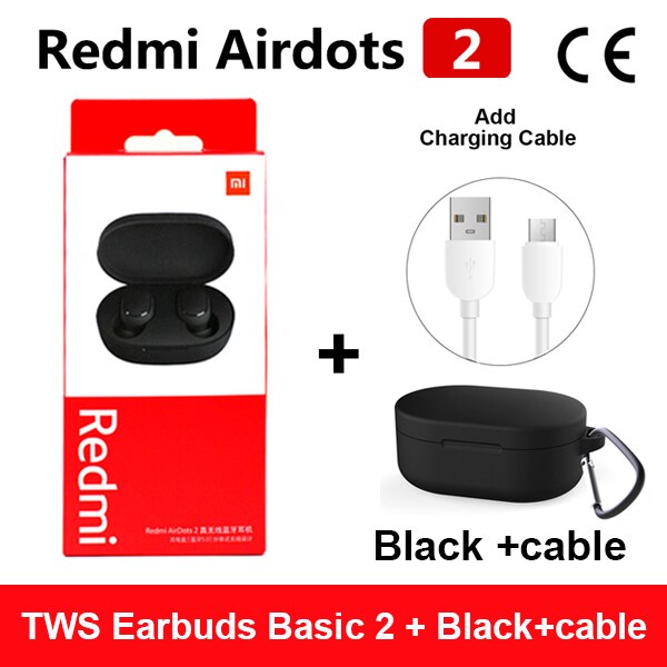 Original Xiaomi Redmi Airdots 2 TWS Earphone Wireless bluetooth 5.0 Earphone Stereo Noise Reduction Mic Voice Control Air2 SE: Redmi2BlackCable