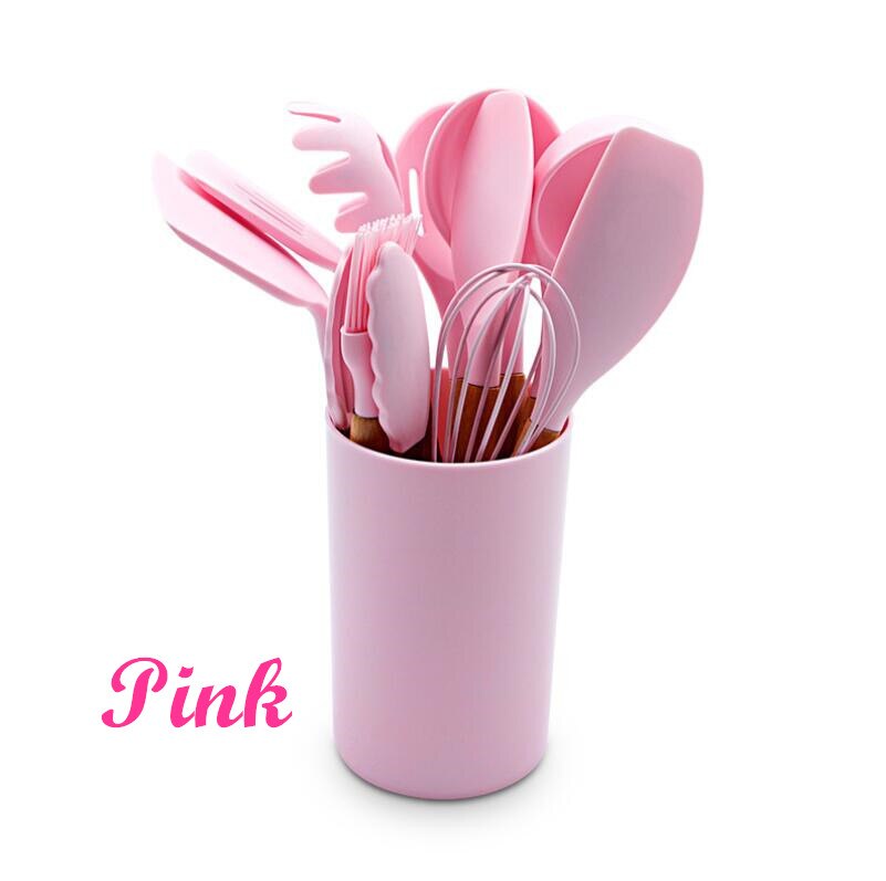 12pc/set Cooking Tools Set Premium Silicone Kitchen Cooking Utensils Set with Storage Box Turner Tongs Spatula Soup Spoon K001: pink