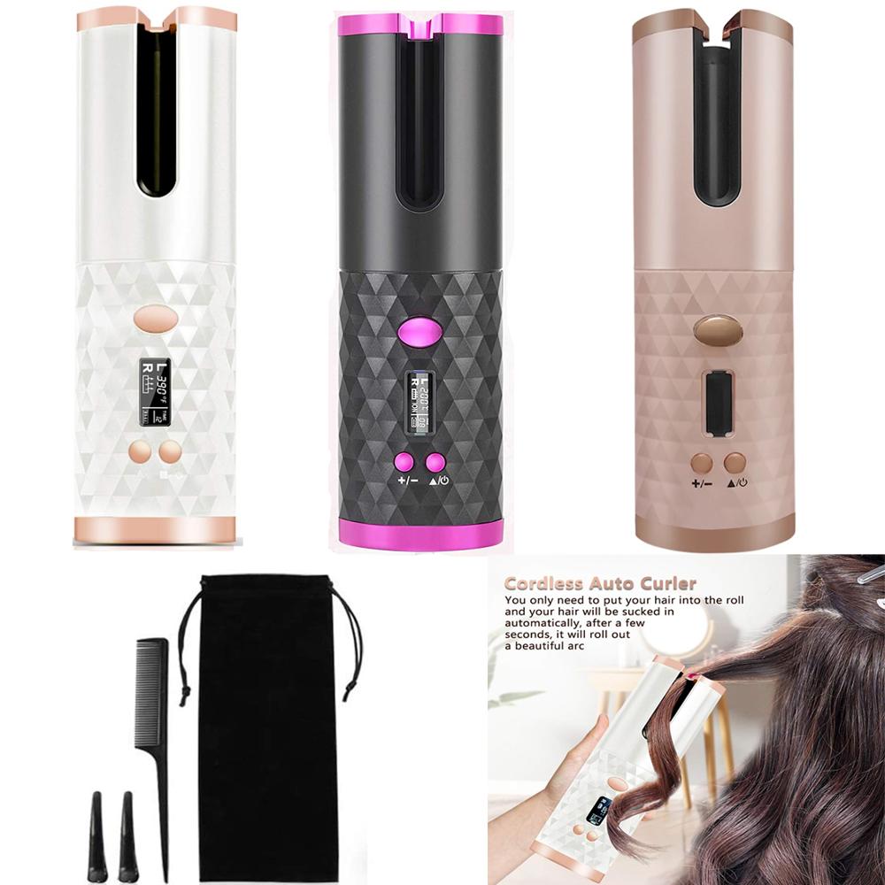 Rizador de pelo automático inalámbrico portátil máquina de pelo rizado LCD recargable por USB con función de fuente de alimentación móvil